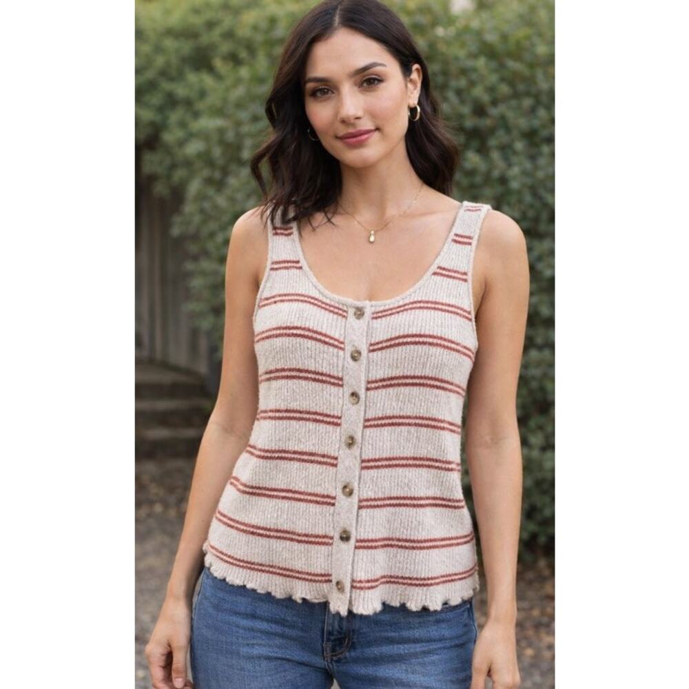 Madewell Kingston Ribbed Striped Button-Front Sweater Tank Cream Rust Size Small